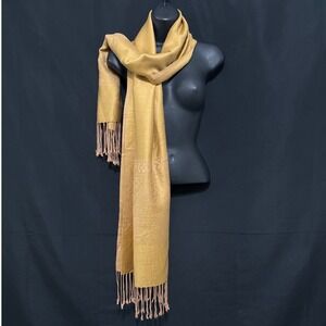 Pashmina Silk Blend Scarf Mustard Gold Paisley Jacquard Fringe Shawl Paisley